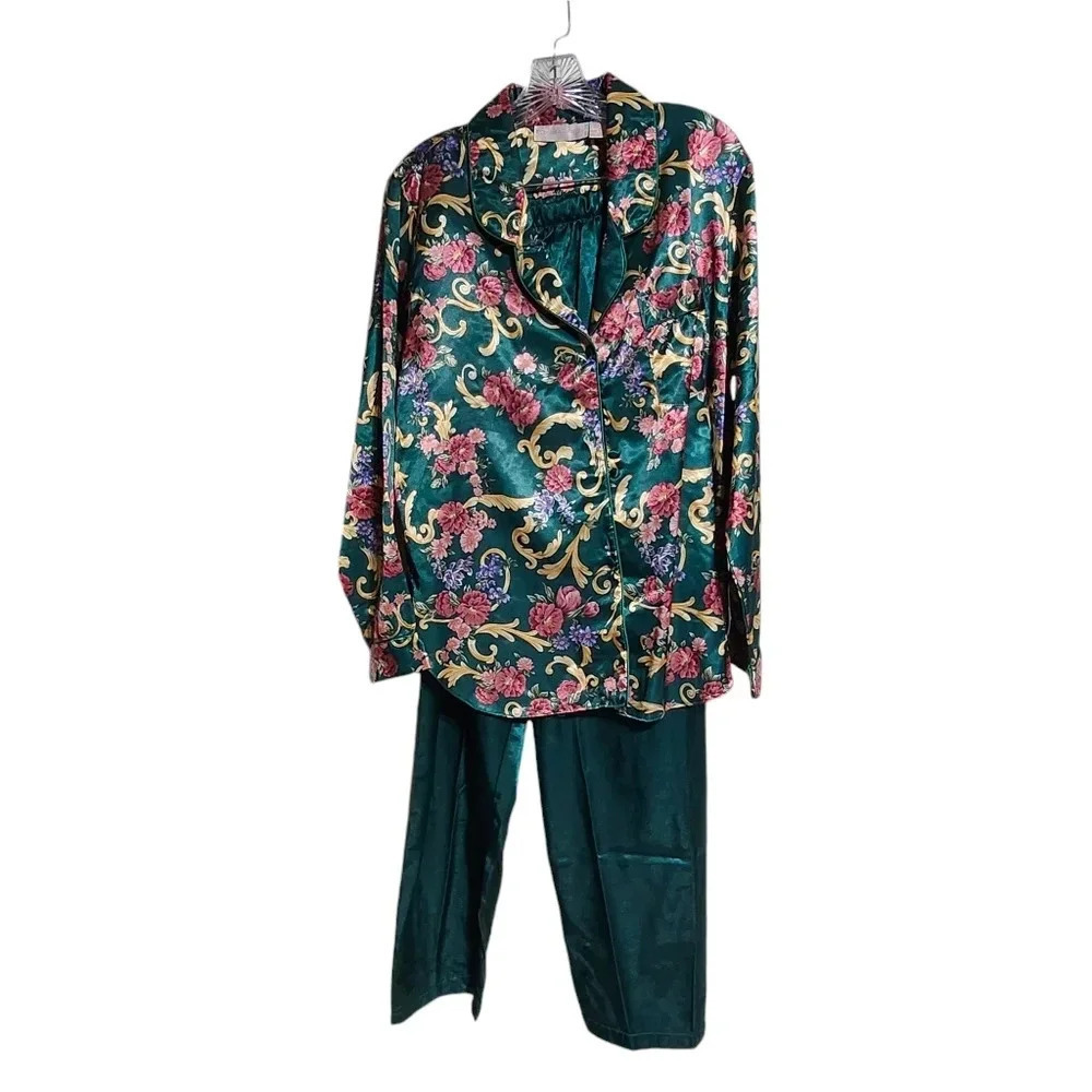 Green Floral Satin Pajama Set - Women's Two-Piece Sleepwear size medium